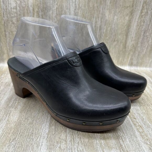 Mud Australia Shoes - UGG Abbie‎ Black Leather Slip On Heeled Mules Womens 7 Clogs Shoes Chunky Y2K